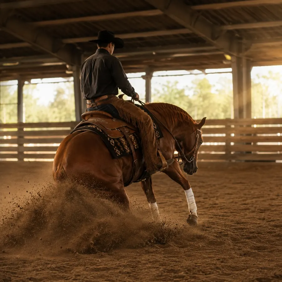 Cavaliere western in sliding stop in arena coperta