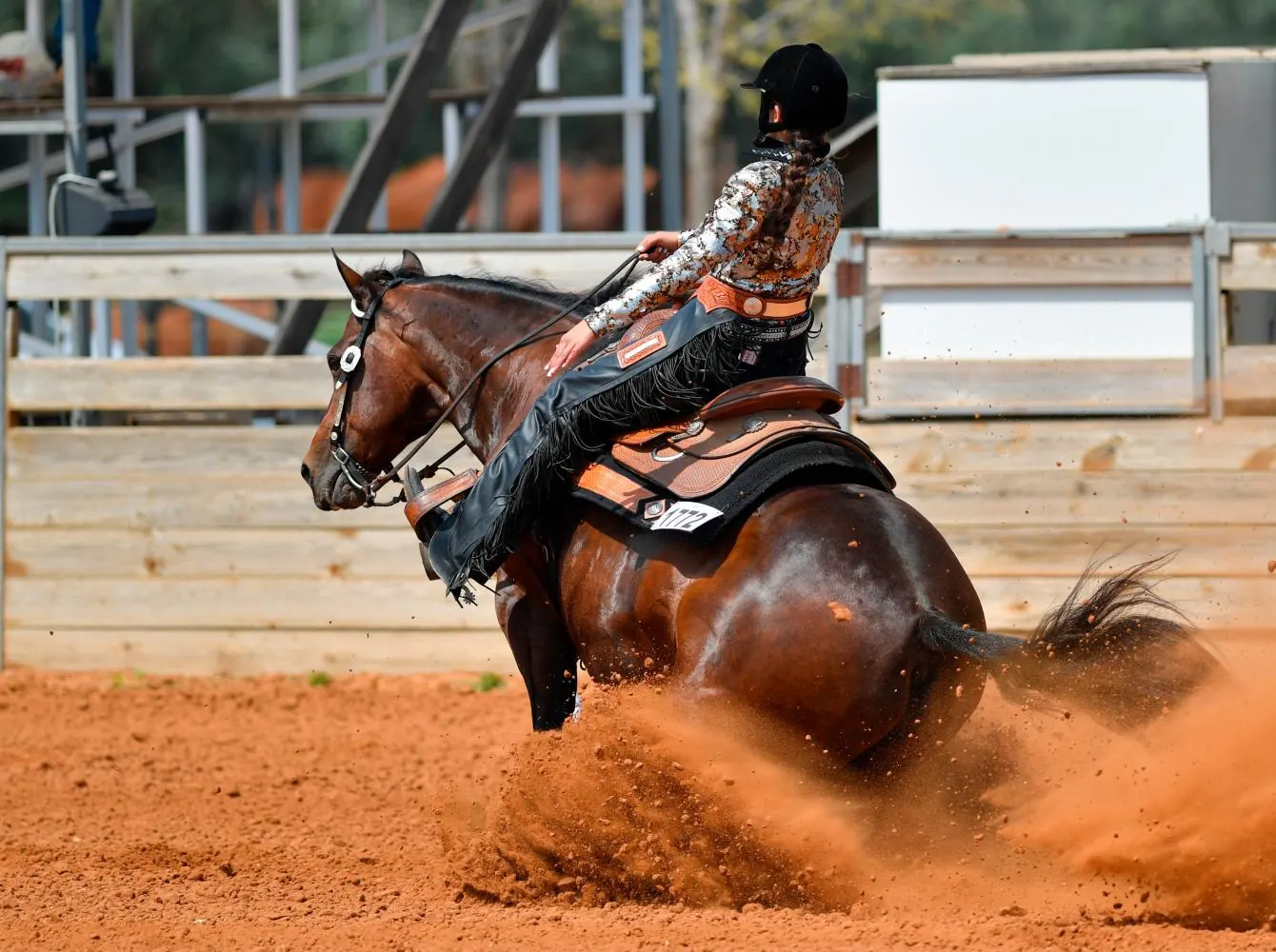 Cavaliera in sliding stop sulla sabbia rossa dell'arena